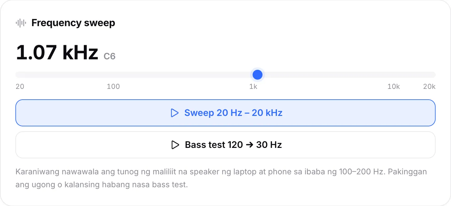 Ang frequency sweep na tumutugtog sa 1.06 kHz (note C6), na ang marker ay lampas lang sa 1k sa scale