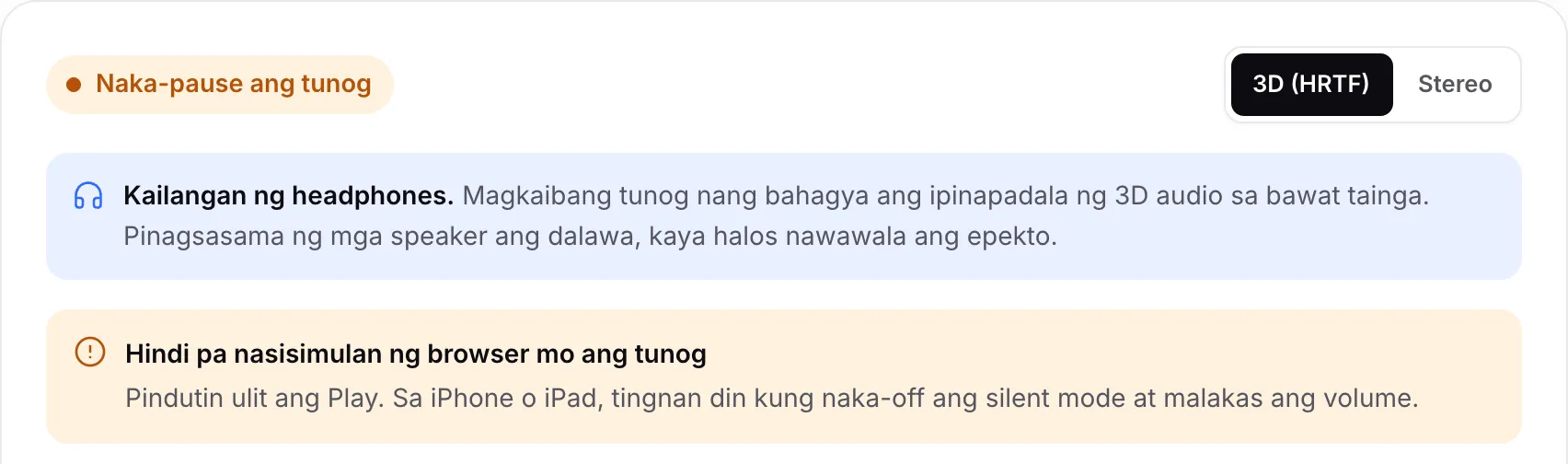 Ipinapakita ng 3D audio test ang orange na status na “Naka-pause ang tunog” at ang paunawang “Your browser hasn’t started the sound yet”