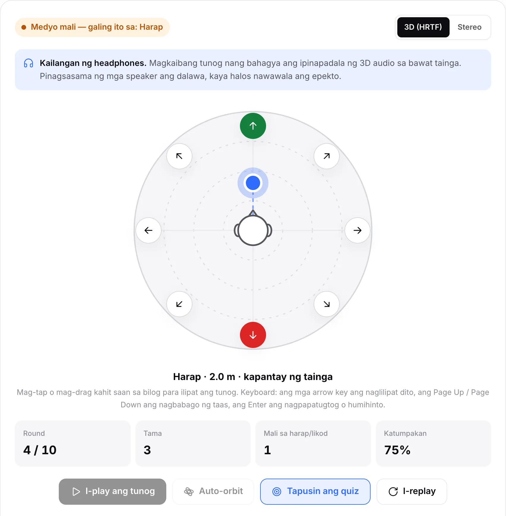 Isang pagkalito sa harap/likod sa quiz: pula ang markang sagot na Back, berde ang tunay na direksyong Front, at ipinapakita ng mga counter ang 3 tama at 1 pagkalito sa harap/likod