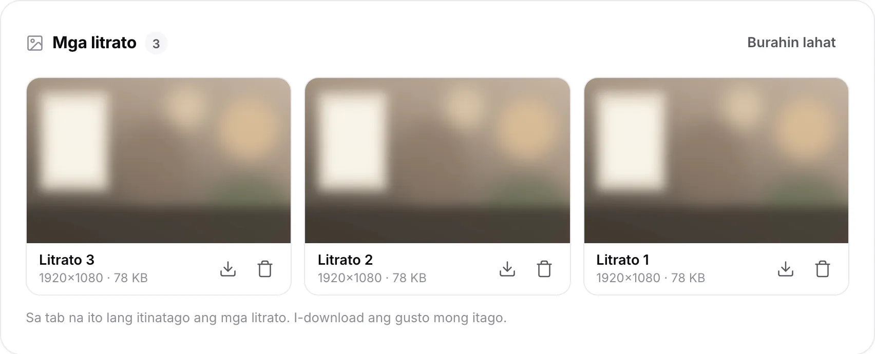 Tatlong burst na litrato sa listahan ng Photos, bawat isa ay 1920×1080, may mga download at delete button