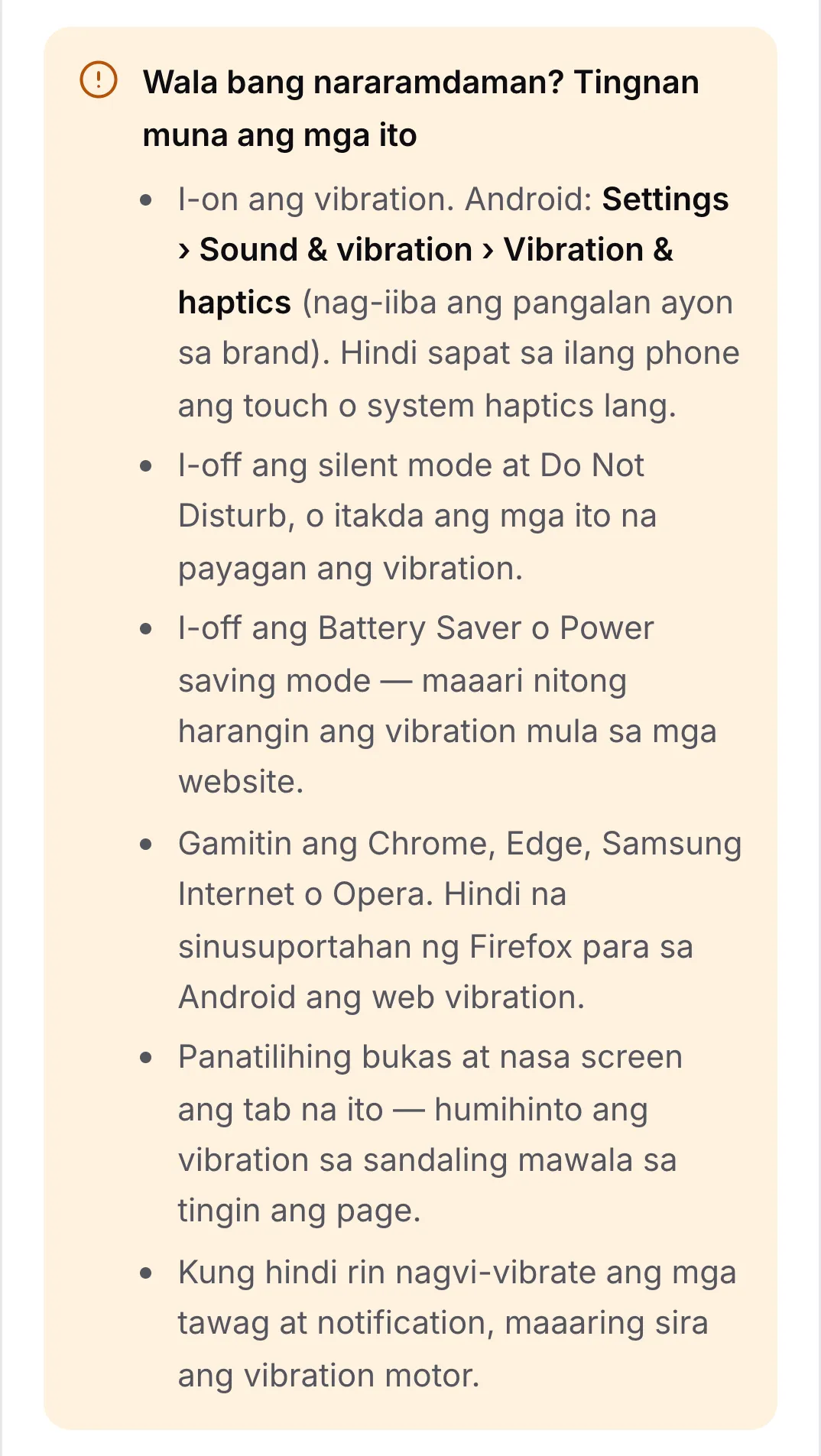 Ang checklist na “Not feeling anything? Check these first” na may anim na tip, na nagsisimula sa pag-on ng vibration sa settings ng Android