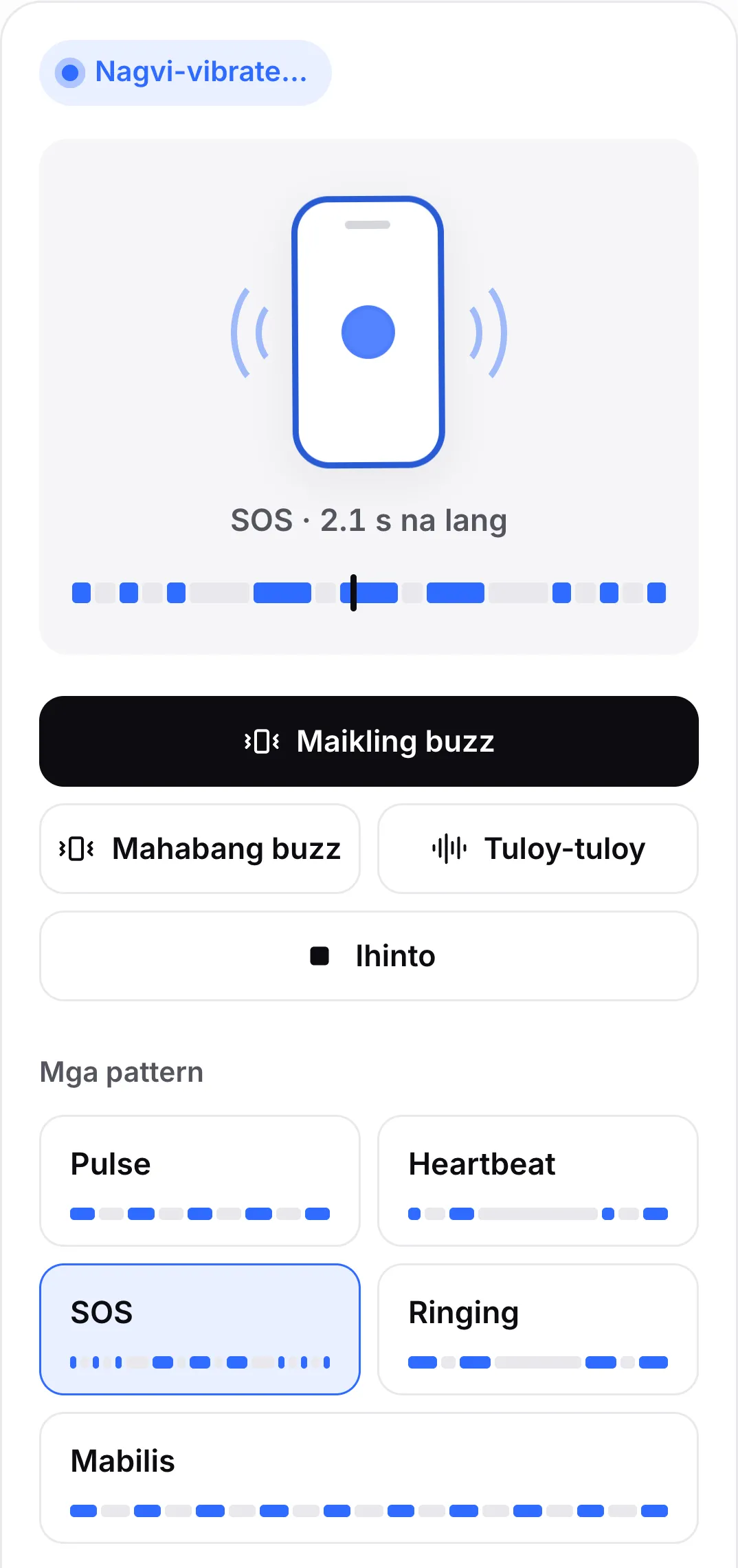 Ang SOS pattern na tumutugtog: naka-highlight ang button nito at ipinapakita ng timeline sa itaas ng mga button ang maikli at mahabang buzz na ang playhead ay nasa mahabang buzz