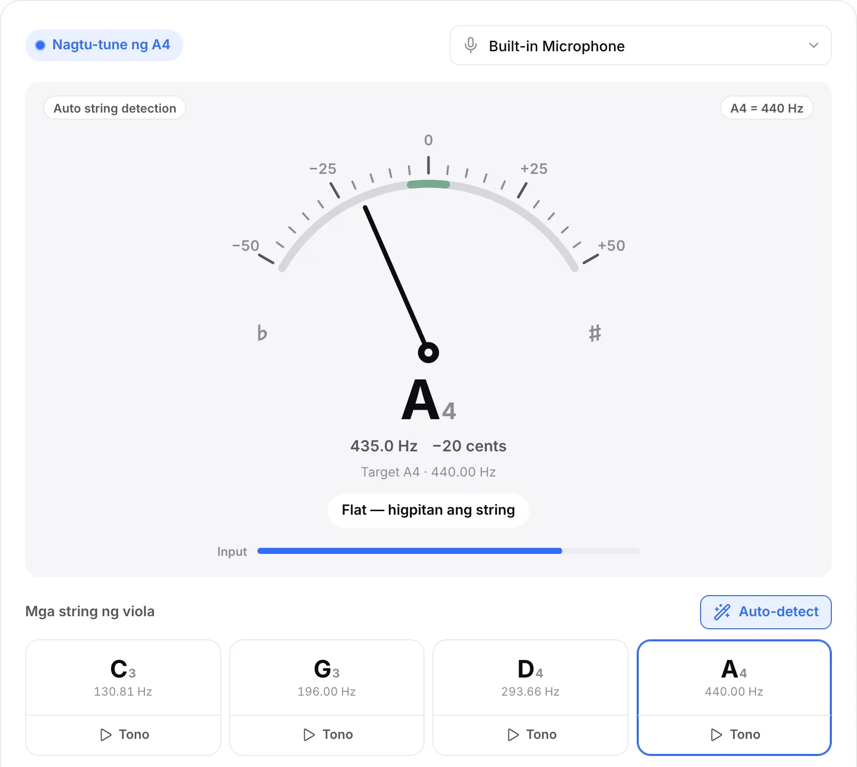 Ang A string na 20 cent na flat: nakahilig pakaliwa ang karayom, ipinapakita ng readout ang A4 sa humigit-kumulang 435 Hz at sinasabi ng hint na “Flat — tighten the string”