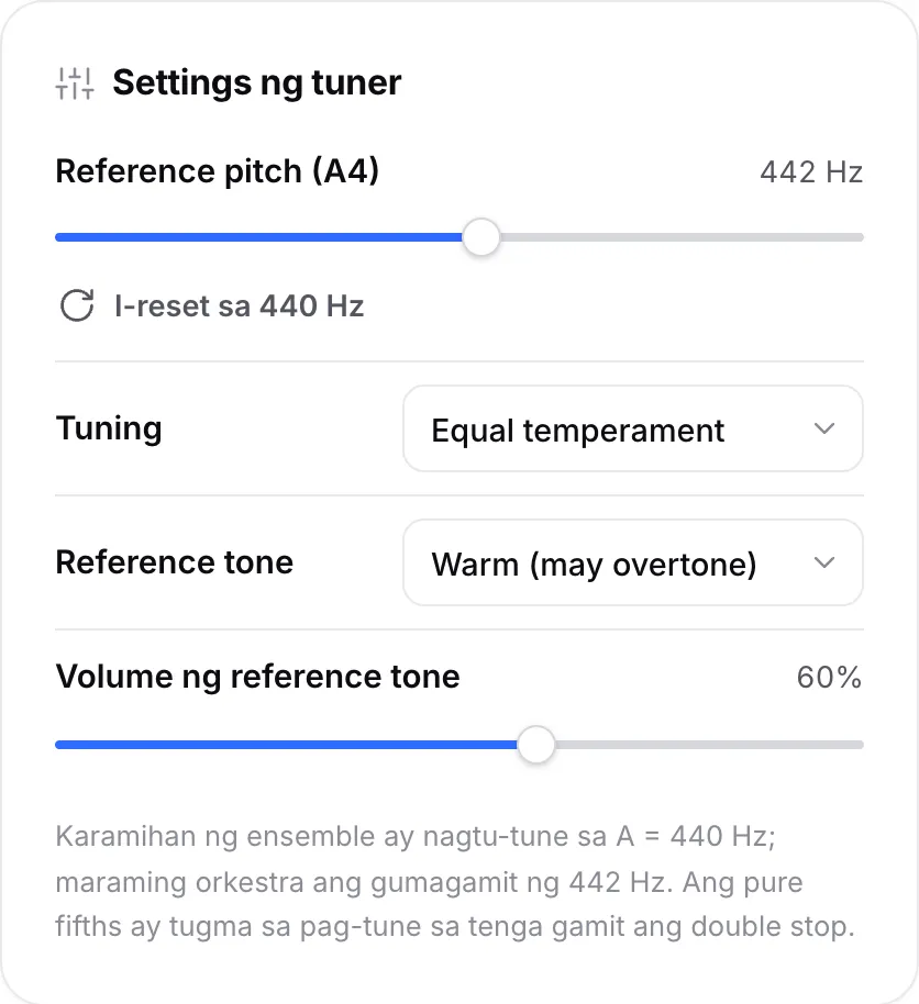 Mga setting ng tuner na ang reference pitch (A4) slider ay nakatakda sa 442 Hz, ang tuning menu at ang mga opsyon ng reference tone
