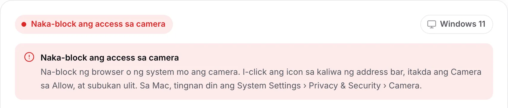 Ipinapakita ng webcam driver finder ang pulang mensaheng “Naka-block ang access sa camera” kasama ang mga tagubilin