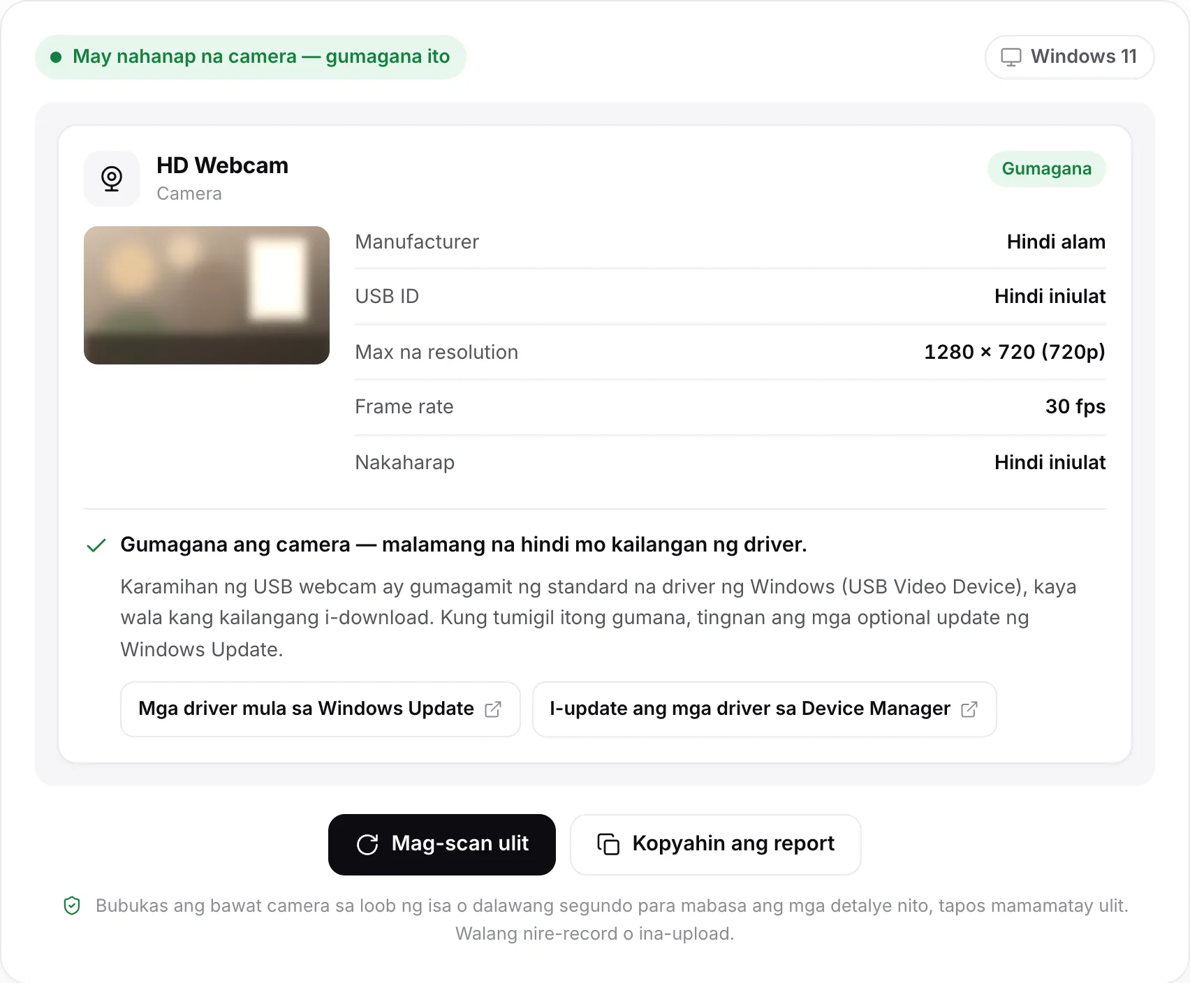 Resulta ng scan para sa HD Webcam: ang status na “May nahanap na camera — gumagana ito”, isang still frame, 1280 × 720 (720p) sa 30 fps at ang hatol na “Camera works — you probably don’t need a driver”, may mga link sa Windows Update at tulong sa Device Manager