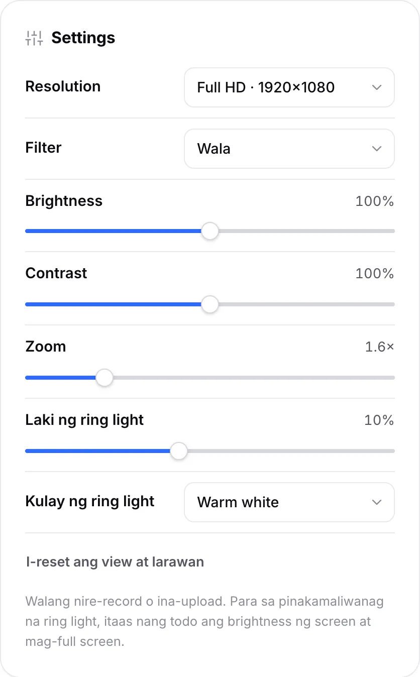 Settings ng salamin na may brightness, contrast, zoom na 1.6×, ring light size na 10% at ring light color na Warm white