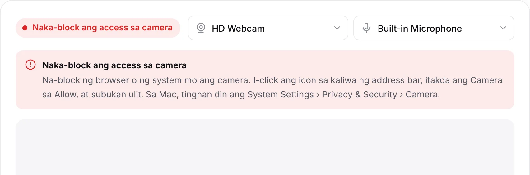 Ipinapakita ng webcam recorder ang pulang mensaheng “Naka-block ang access sa camera” kasama ang mga tagubilin