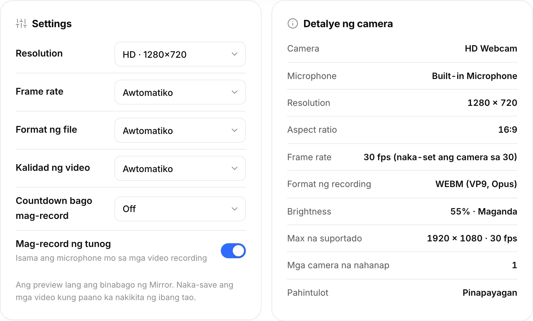 Mga setting ng recording sa tabi ng Camera details, na nagpapakita ng 1280 × 720, 30 fps at format ng recording na WEBM (VP9, Opus)