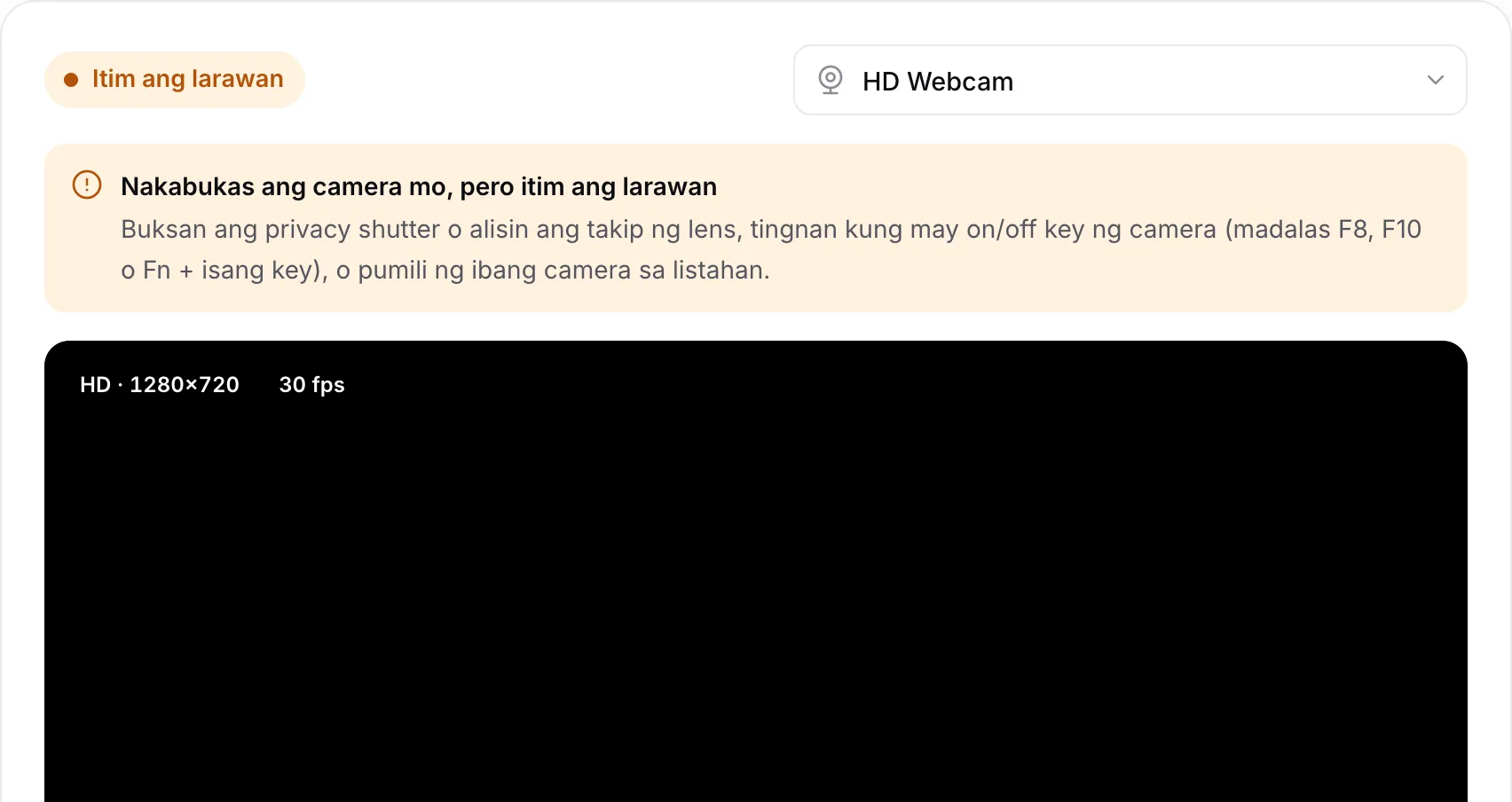 Ipinapakita ng webcam test ang babalang “Your camera is on, but the picture is black” sa itaas ng itim na larawan