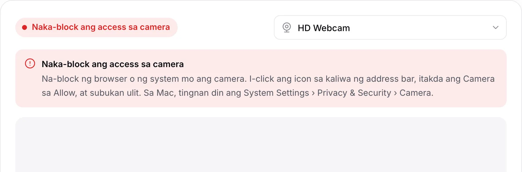 Ipinapakita ng webcam test ang pulang mensaheng “Naka-block ang access sa camera” kasama ang mga tagubilin