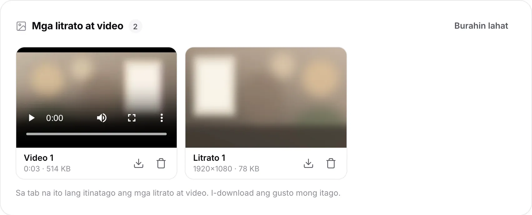 Isang maikling video at isang litrato sa listahan ng Photos & videos, bawat isa ay may mga download at delete button