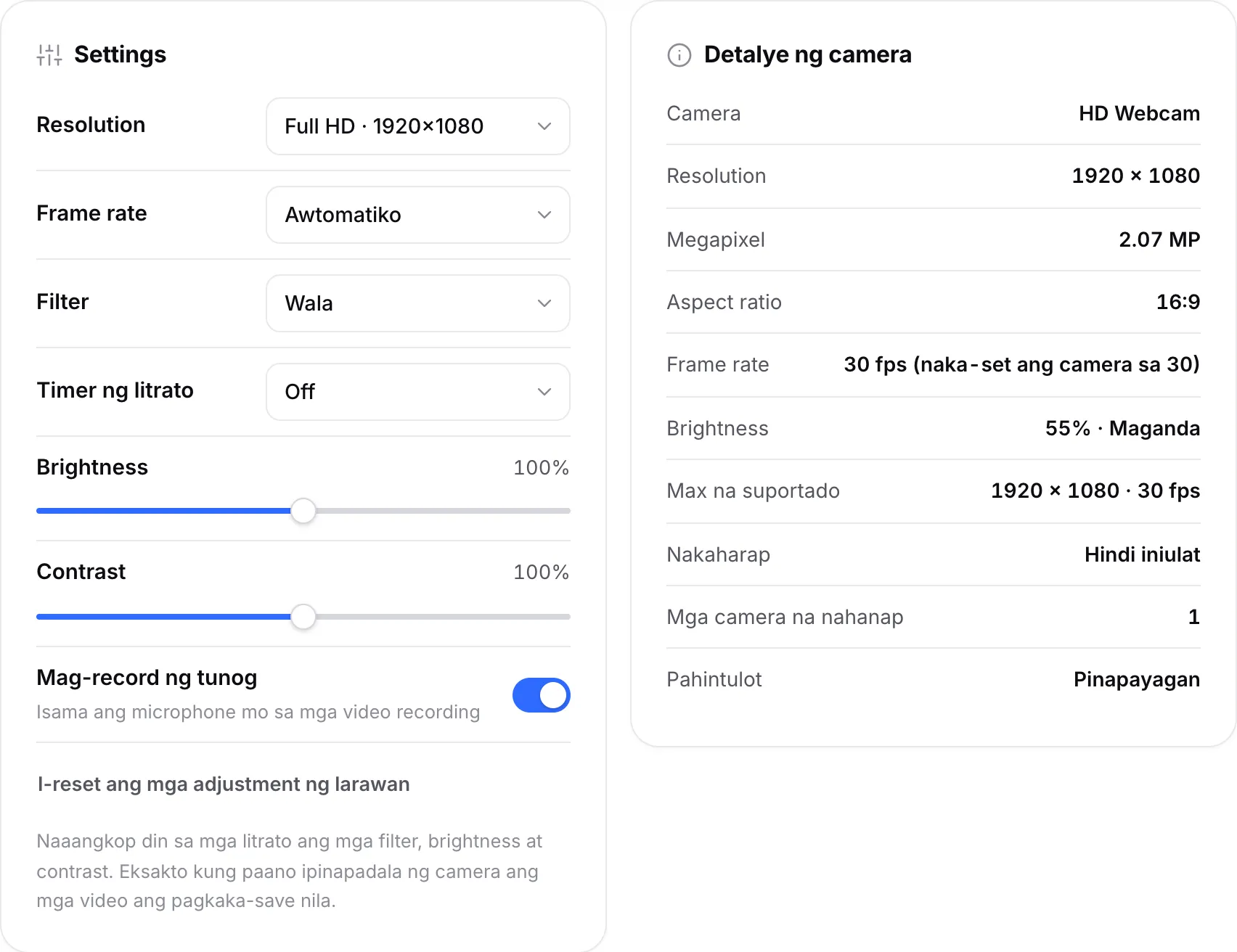 Settings na nakatakda sa Full HD ang resolution sa tabi ng Camera details na nagpapakita ng 1920 × 1080, 30 fps at brightness na 55% · Good