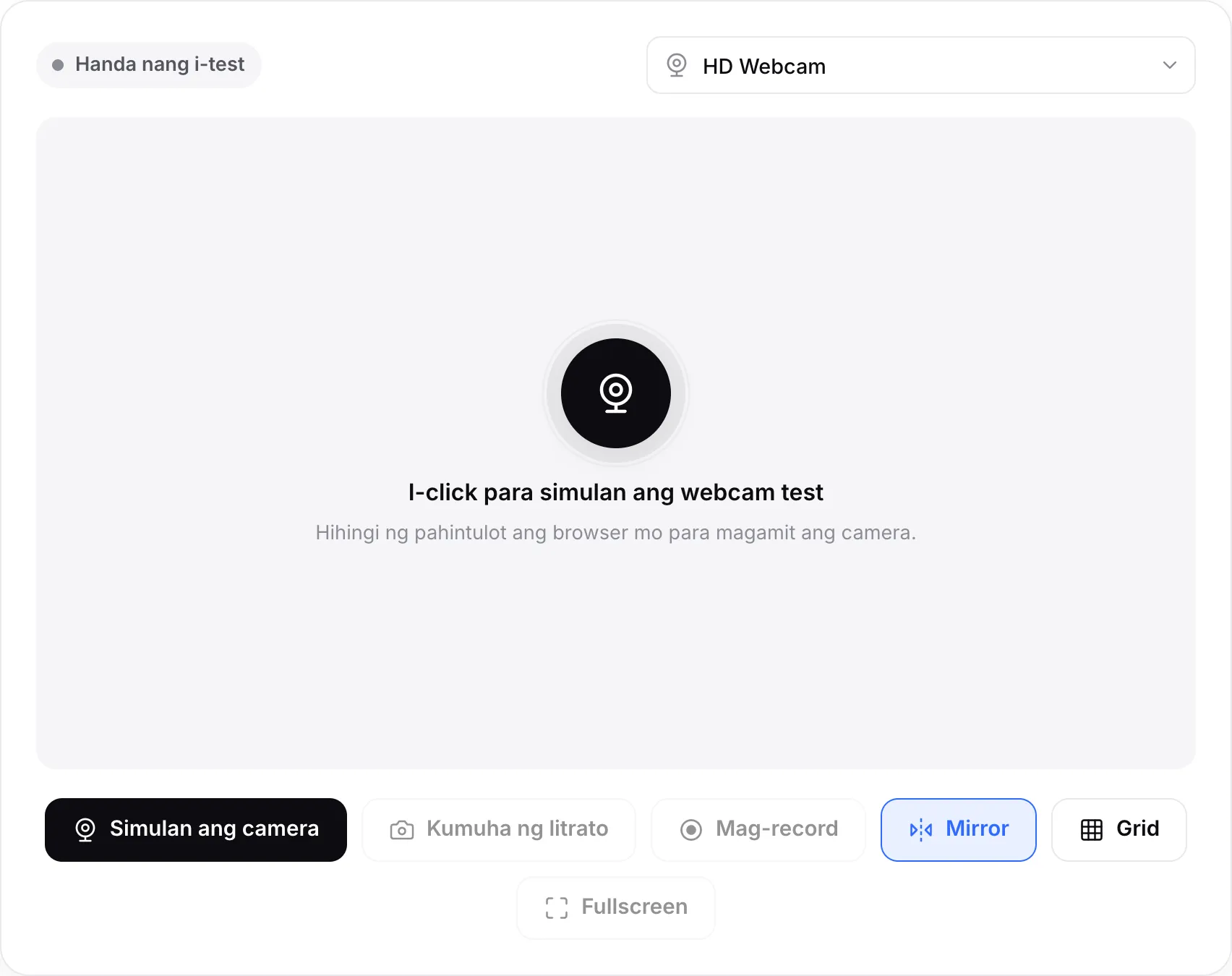 Ang webcam test bago magsimula, kasama ang Start camera button at ang camera menu