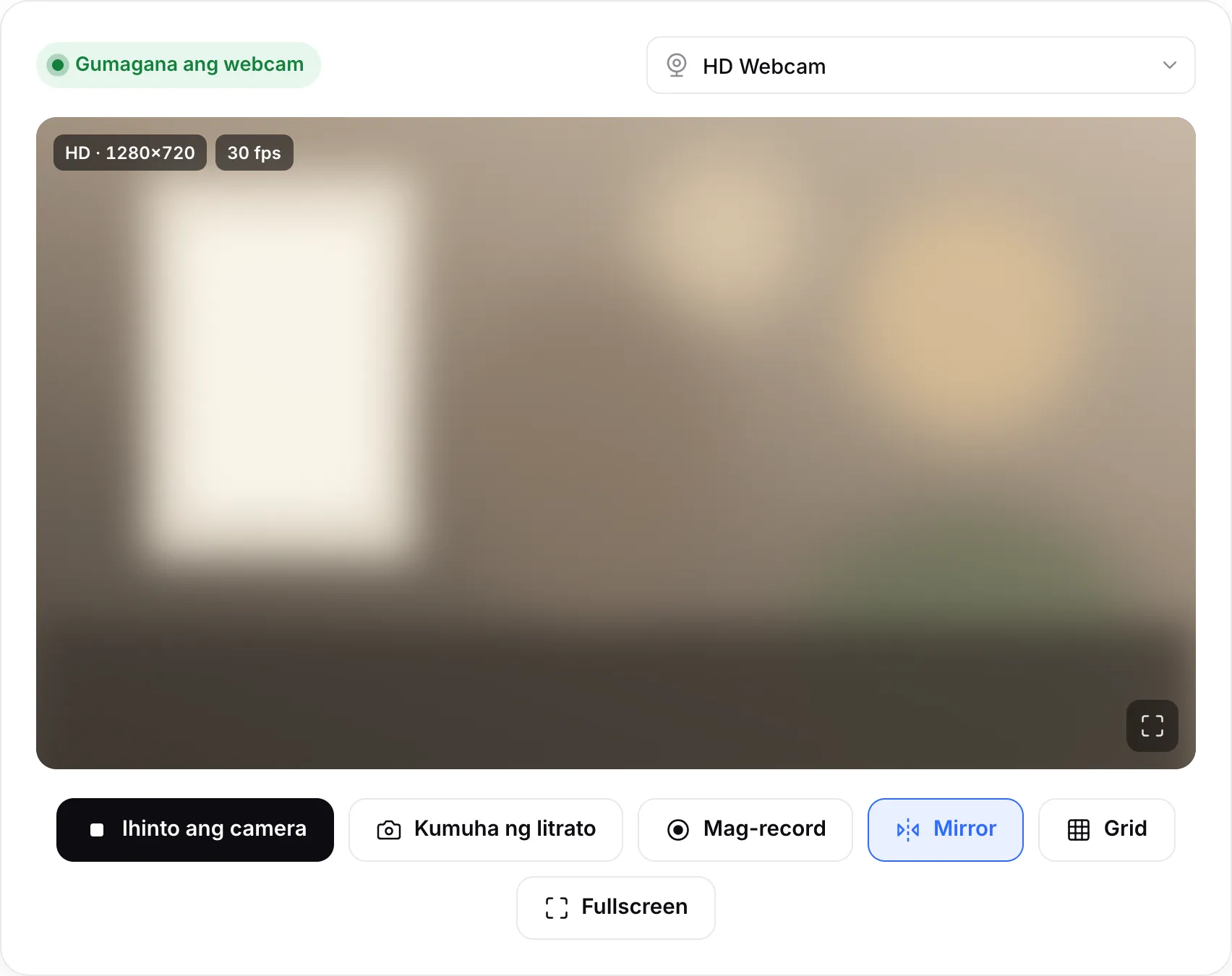 Gumaganang webcam: live na larawan na may mga badge na HD · 1280×720 at 30 fps at berdeng status na “Gumagana ang webcam”