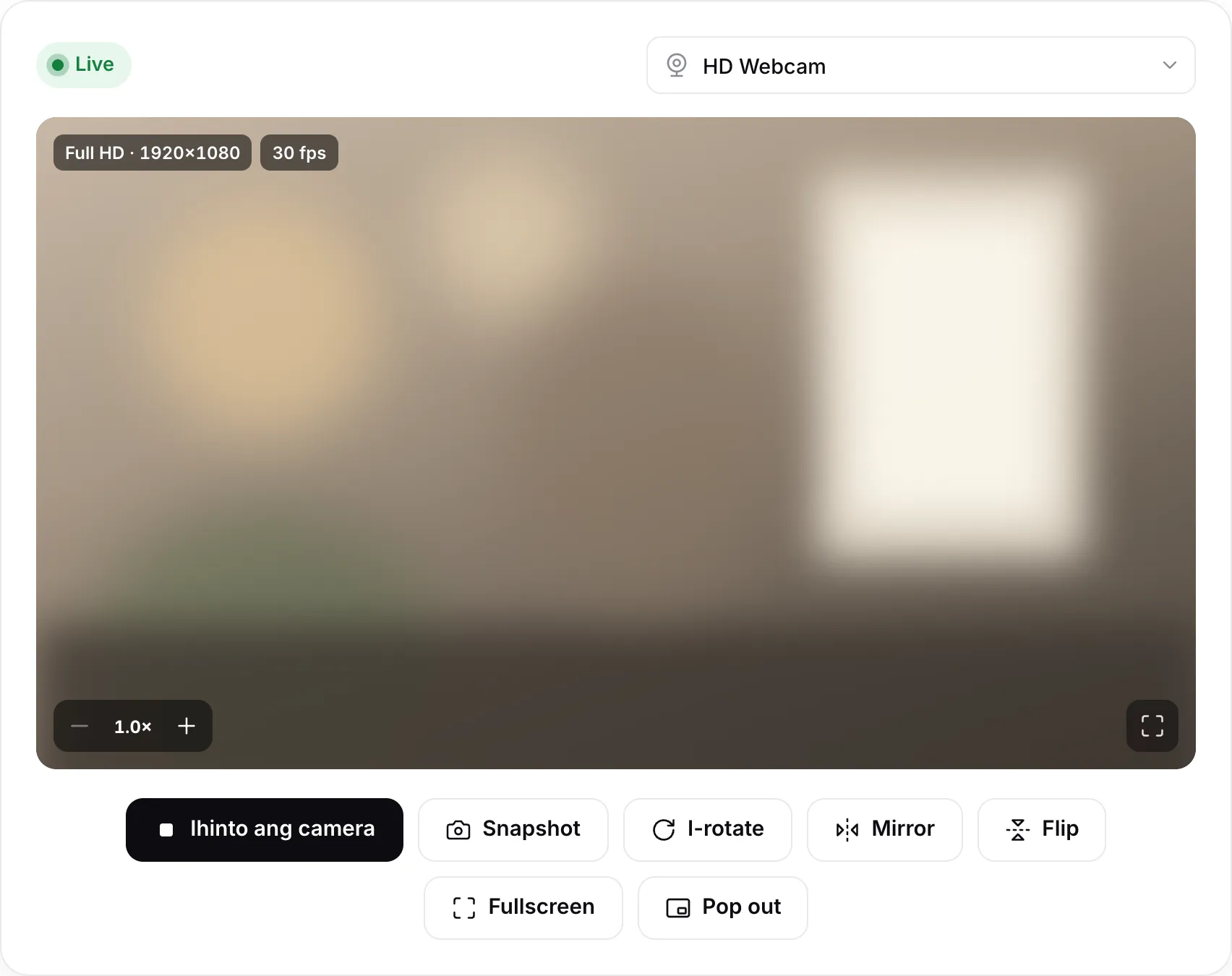 Ang webcam viewer na nagpapakita ng live na Full HD 1920×1080 na larawan sa 30 fps, kasama ang mga button na Rotate, Mirror, Flip at Pop out
