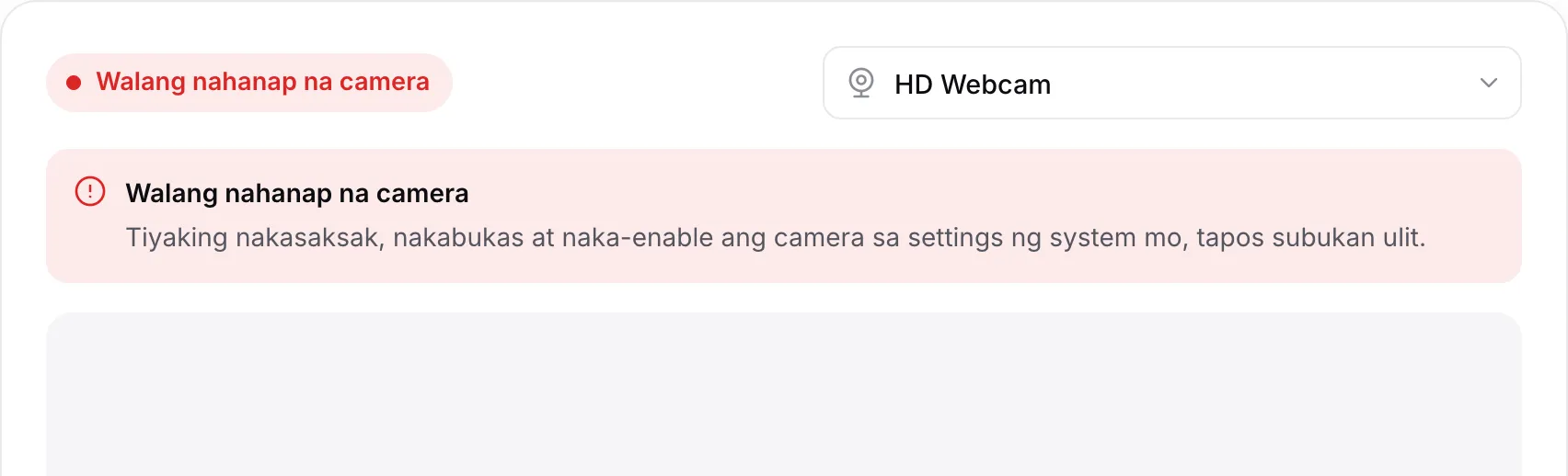 Ipinapakita ng webcam viewer ang pulang mensaheng “Walang nahanap na camera”