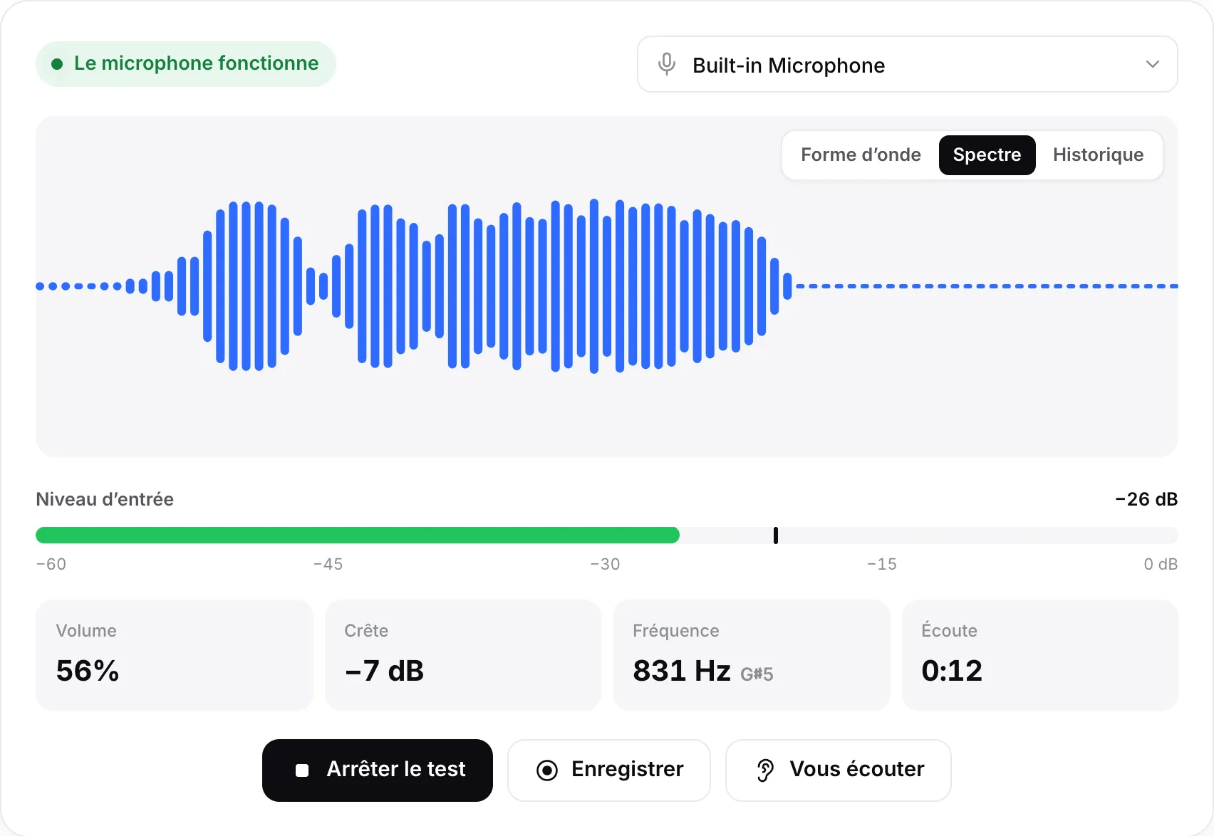 Le test du microphone en vue Spectre avec des barres en mouvement, un niveau d’entrée de −23 dB et l’état vert « Le microphone fonctionne »