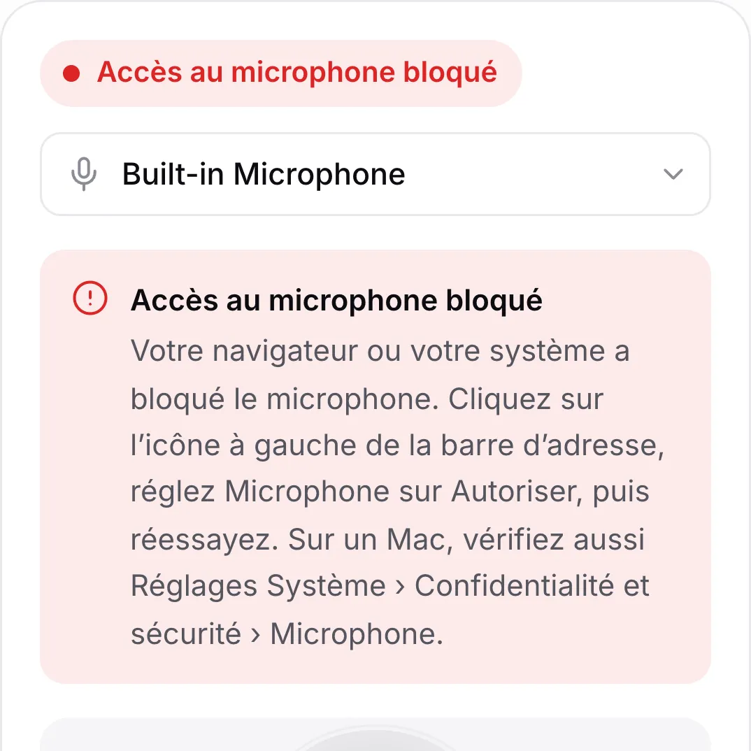 Le test du microphone sur un téléphone affichant le message rouge « Accès au microphone bloqué »