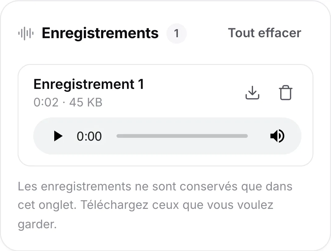 Un enregistrement sur un téléphone avec sa durée, un lecteur et des boutons de téléchargement et de suppression