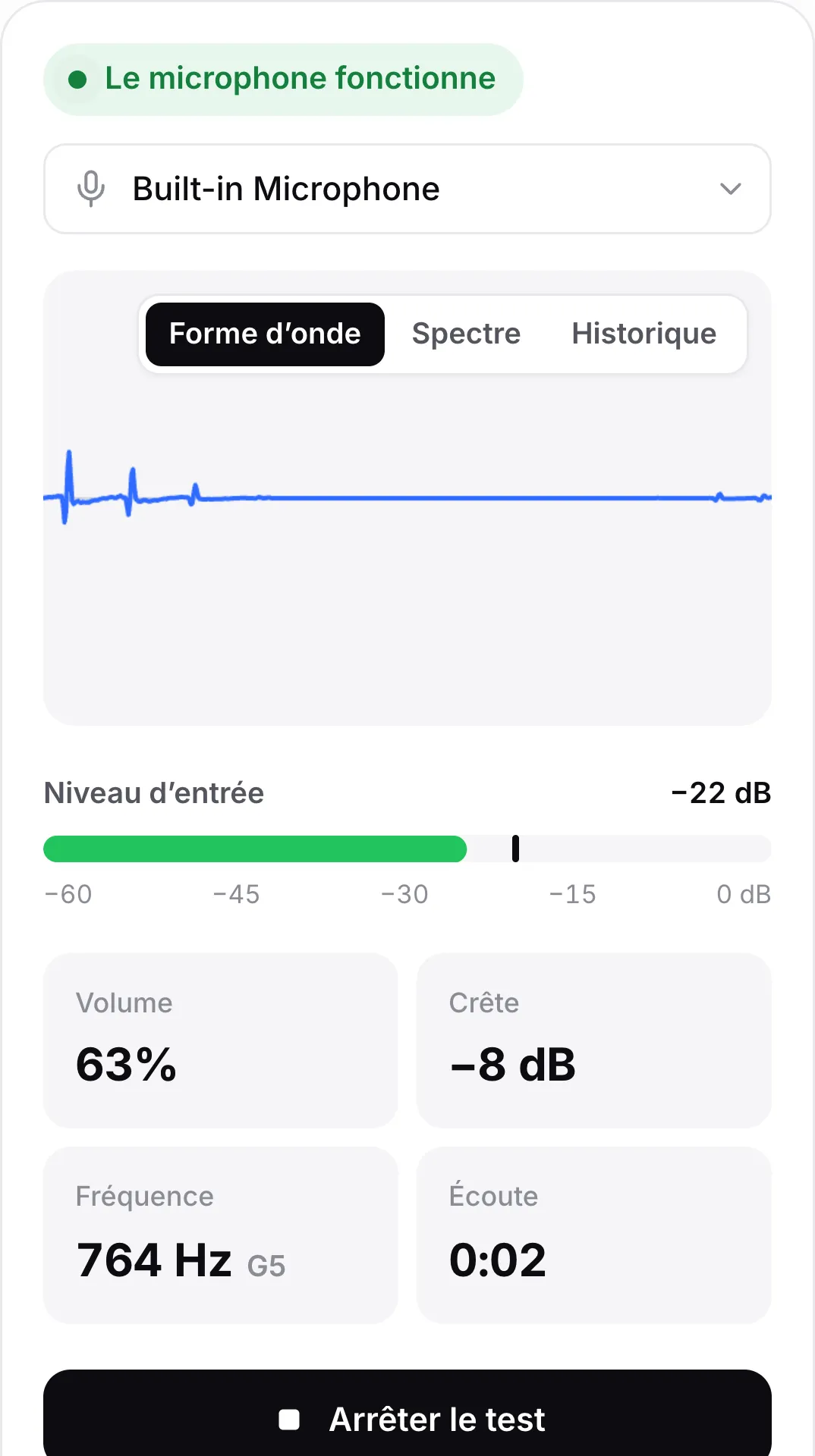 Le test du microphone sur un téléphone avec une forme d’onde en mouvement, un niveau d’entrée de −25 dB et l’état vert « Le microphone fonctionne »
