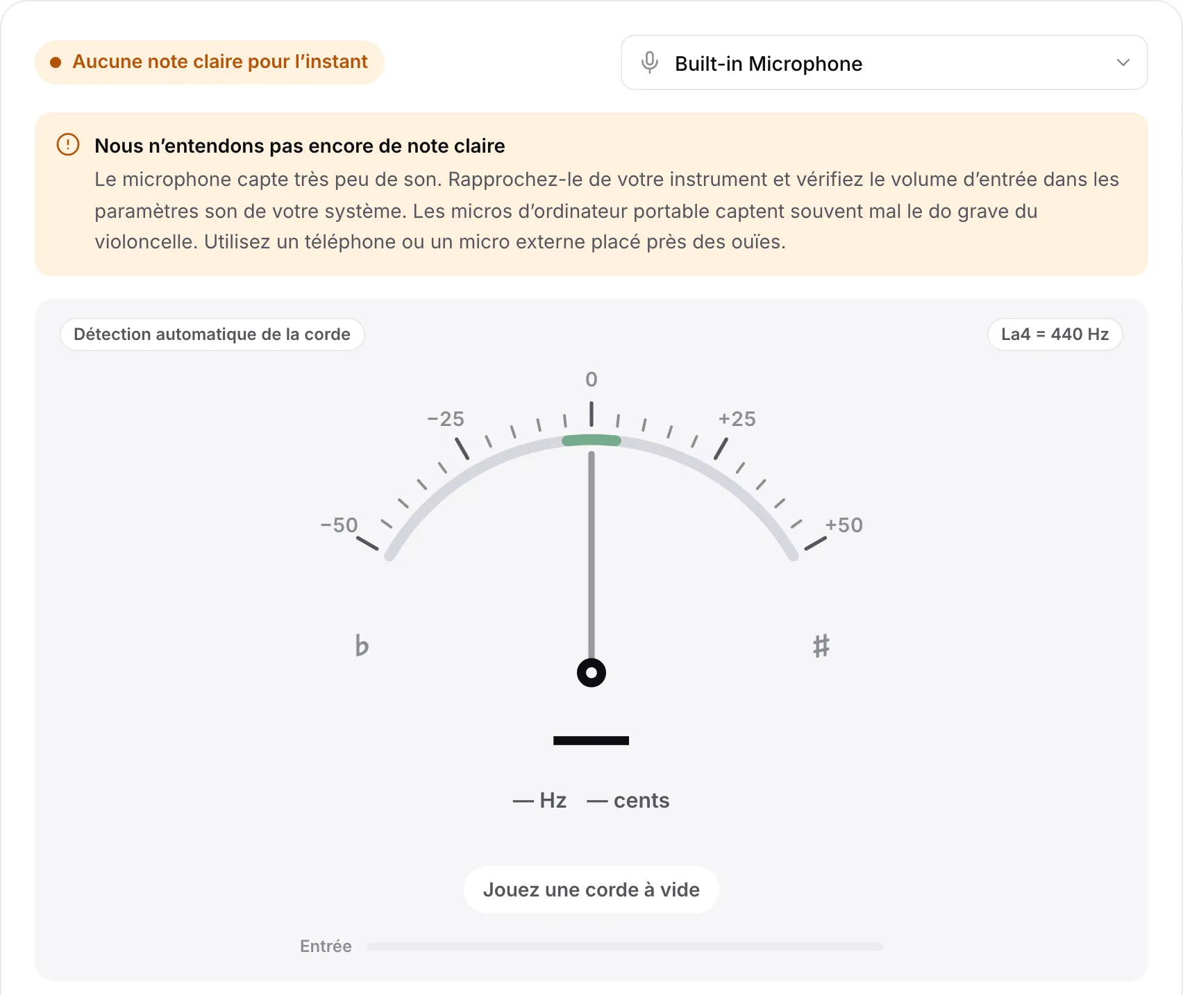 L’accordeur avec l’avis « Nous n’entendons pas encore de note claire », une barre Entrée vide et un conseil sur les micros d’ordinateur portable et le Do grave