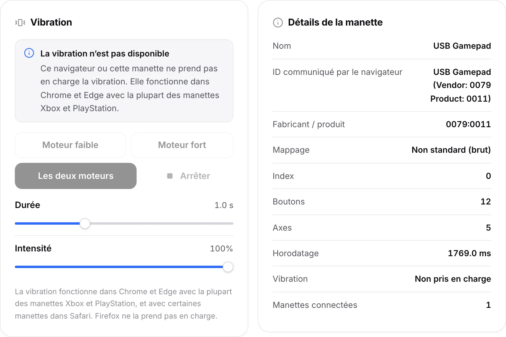 Le panneau Vibration avec l’avis « La vibration n’est pas disponible » et des boutons de moteur désactivés ; les détails de la manette affichent Vibration : Non pris en charge
