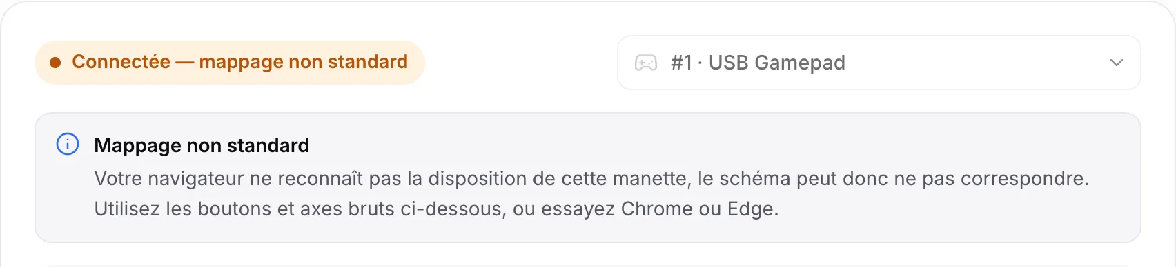 Le testeur affichant une manette USB avec l’état orange « Connectée — mappage non standard » et un avis invitant à utiliser les valeurs brutes