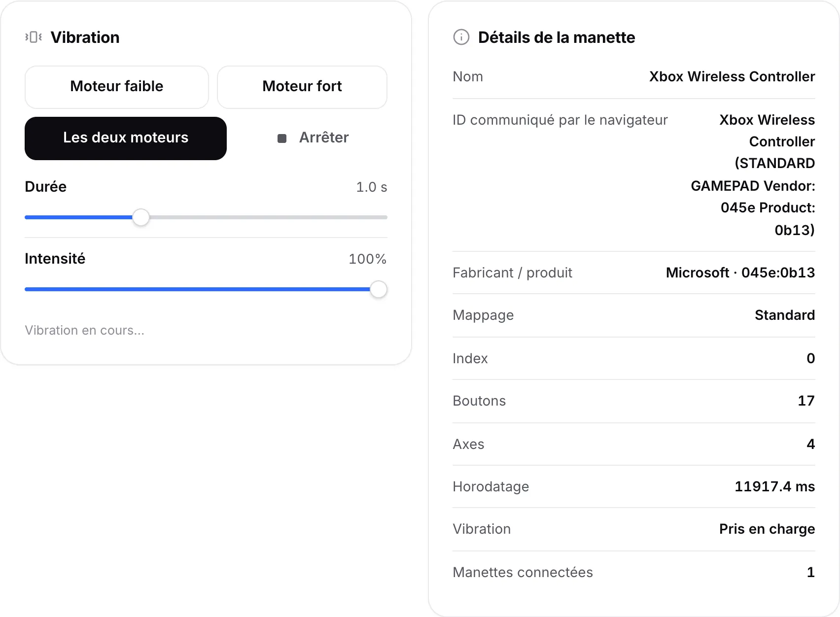 Le panneau Vibration avec les boutons de moteur et les curseurs à côté du panneau Détails de la manette affichant le nom, l’ID, le fabricant et le mappage