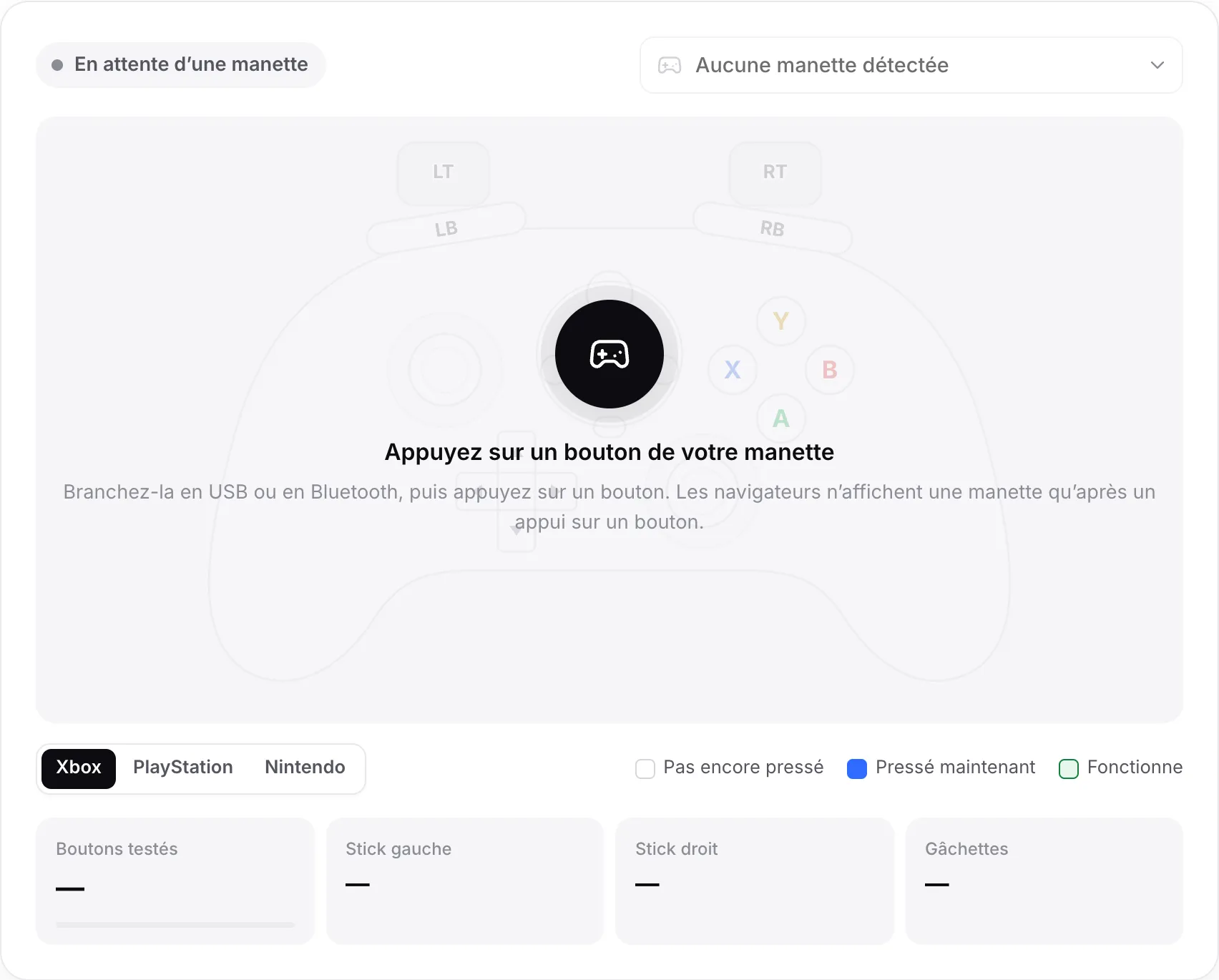 Le testeur de manette en attente d’une manette, avec le message « Appuyez sur un bouton de votre manette »