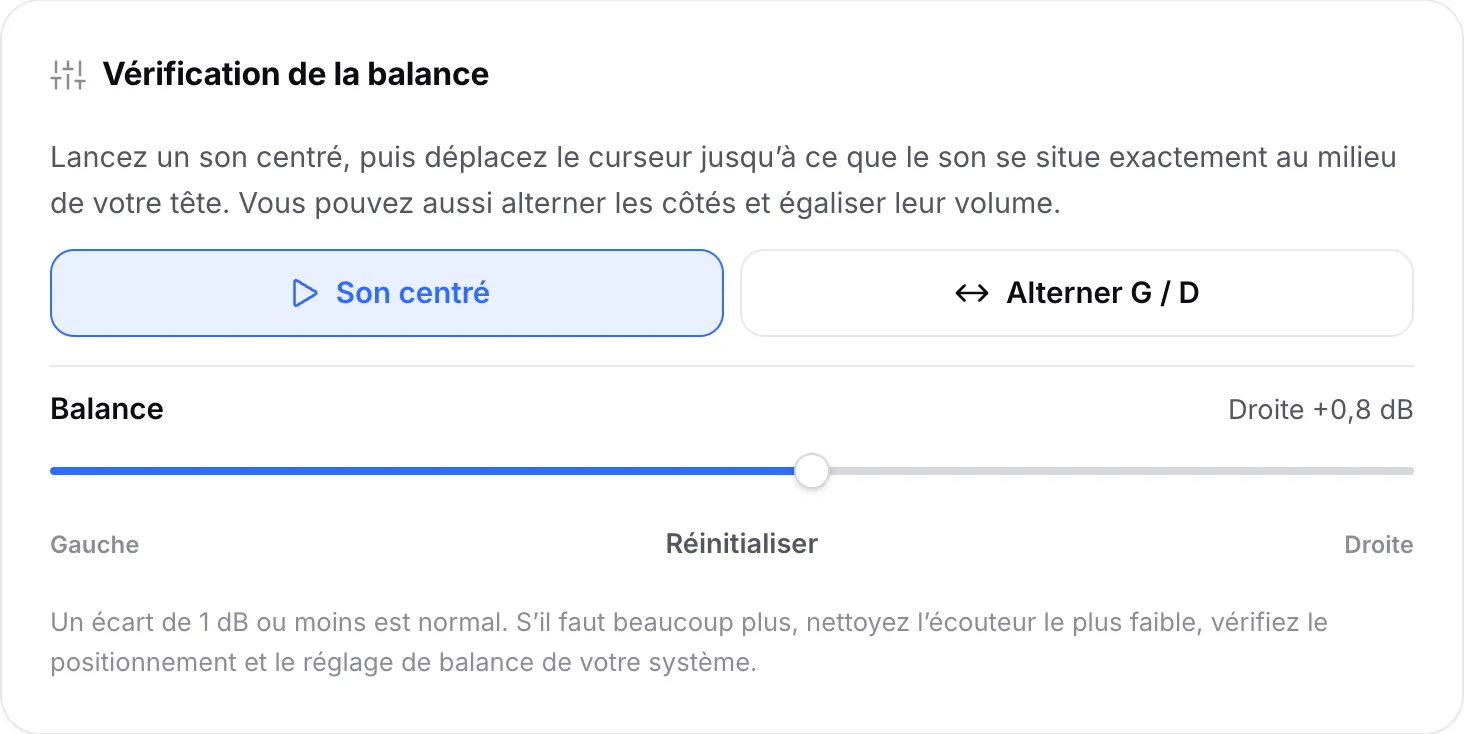 La vérification de la balance jouant le son centré, avec le curseur de balance déplacé sur Droite +0,8 dB