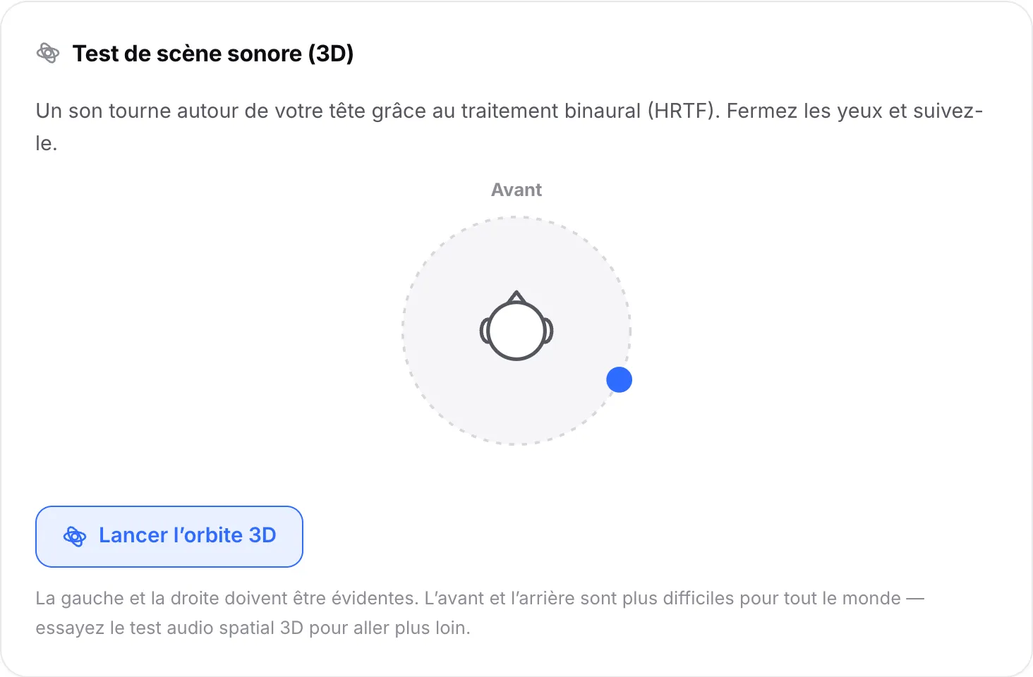 Le test de scène sonore jouant l’orbite 3D, avec le point qui se déplace autour de la tête, maintenant derrière l’oreille droite