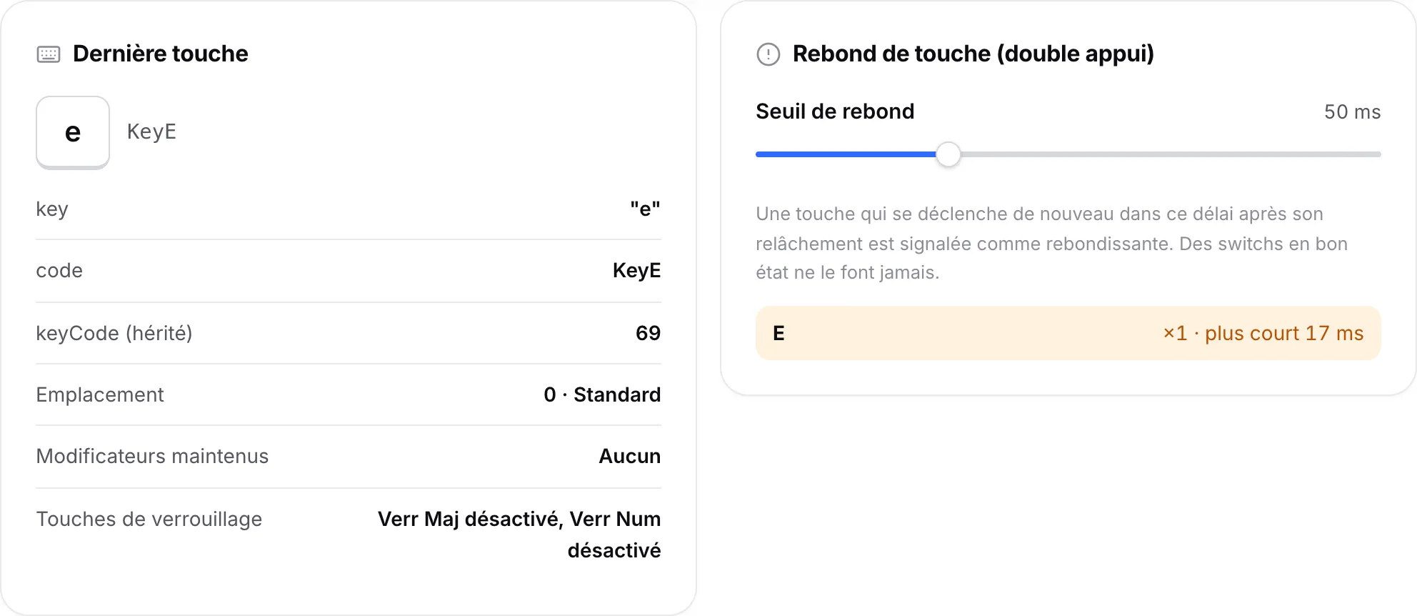 Le panneau Dernière touche affichant la touche E et le panneau Rebond de touche listant E avec son écart le plus court en millisecondes