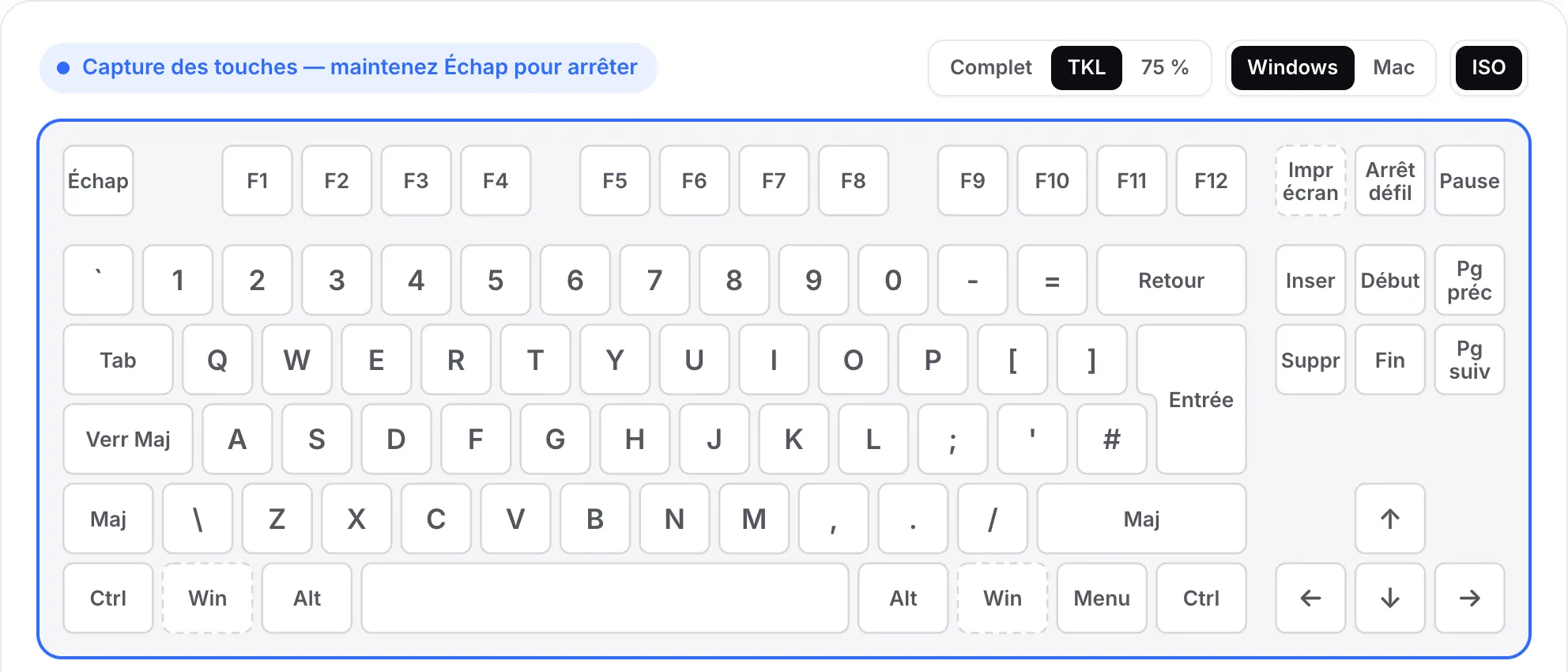 La disposition TKL avec ISO activé : une touche Entrée haute et une touche supplémentaire à côté de la touche Maj gauche, sans pavé numérique