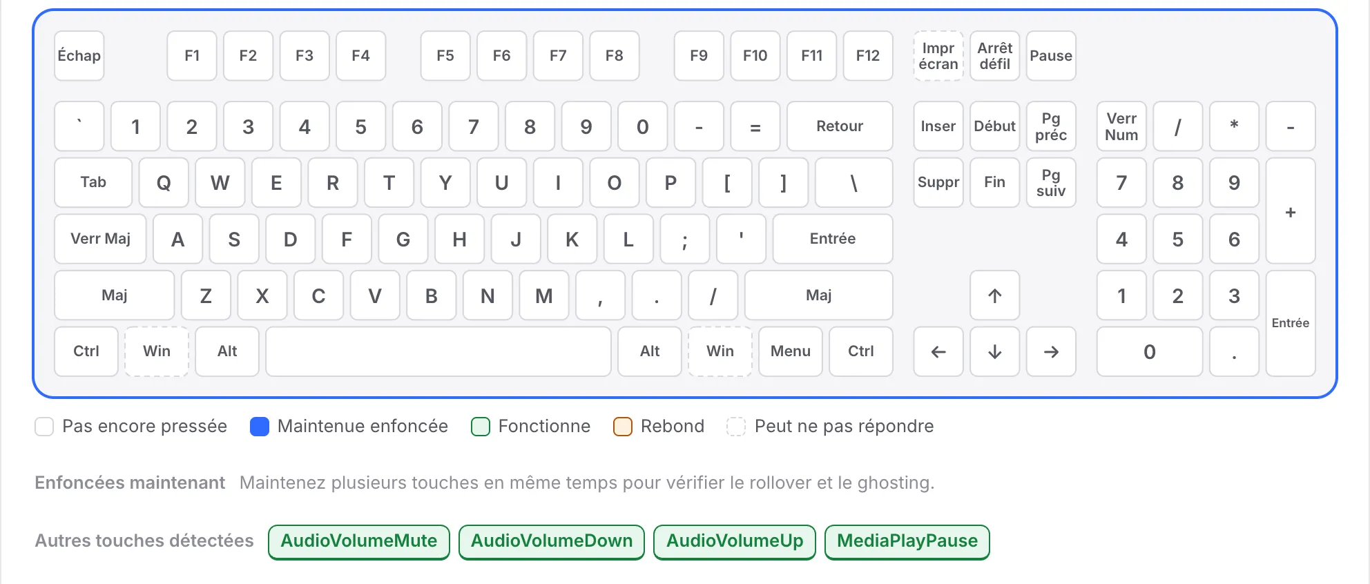 La rangée F toujours blanche alors qu’AudioVolumeMute, AudioVolumeDown, AudioVolumeUp et MediaPlayPause sont listées sous Autres touches détectées