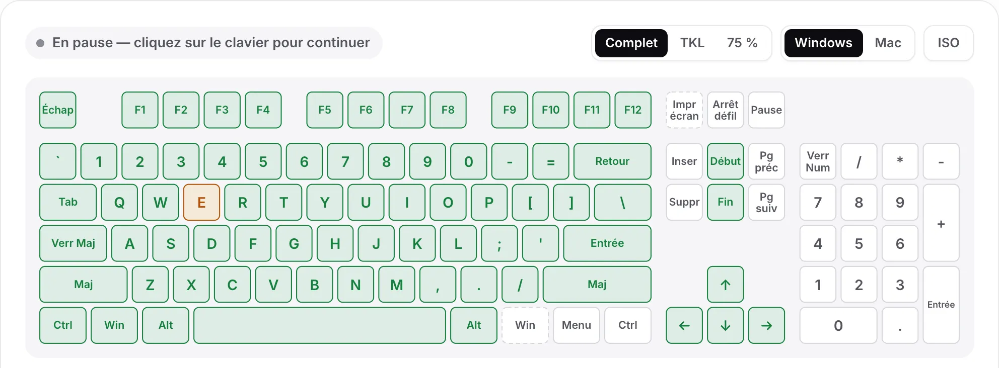 Le test du clavier en pause, avec l’état gris « En pause — cliquez sur le clavier pour continuer »