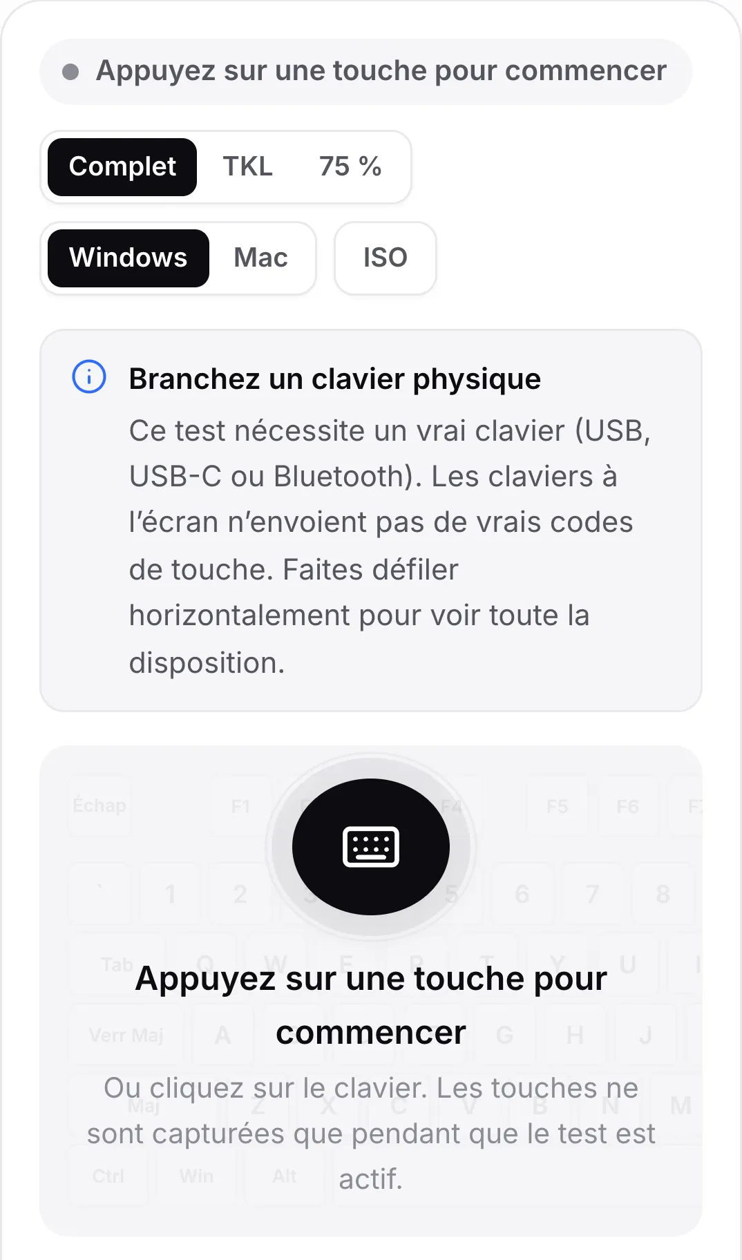 Le test du clavier sur un téléphone avec l’avis « Branchez un clavier physique »