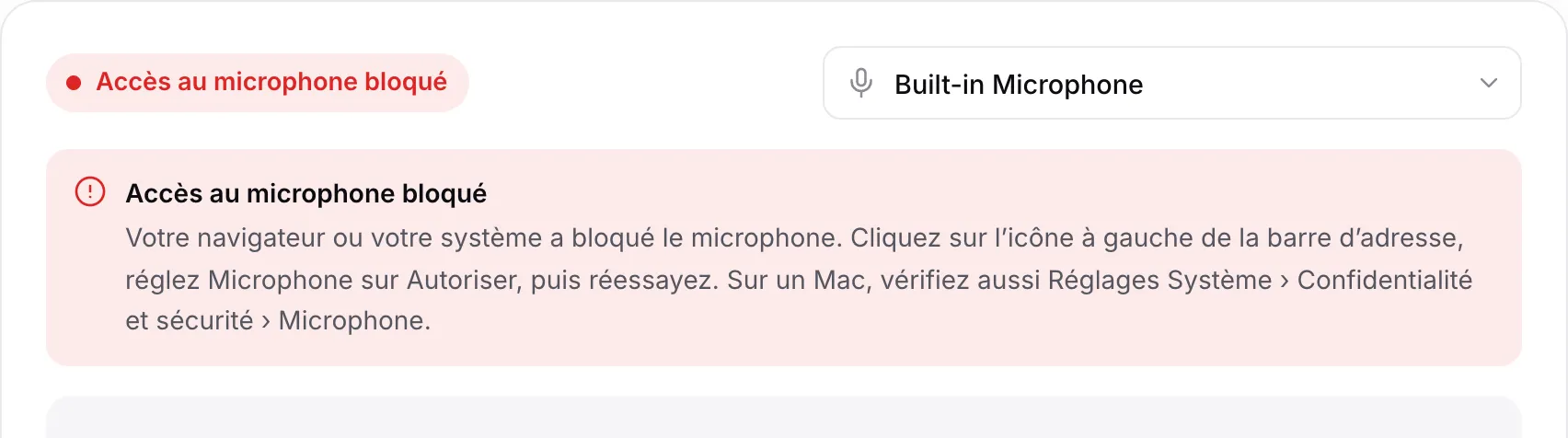 Le test du microphone affichant le message rouge « Accès au microphone bloqué » avec des instructions