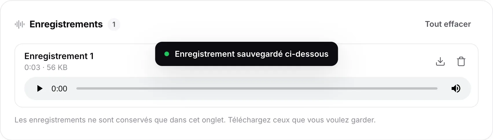 Un enregistrement dans la liste des enregistrements avec sa durée et sa taille, un lecteur et des boutons de téléchargement et de suppression