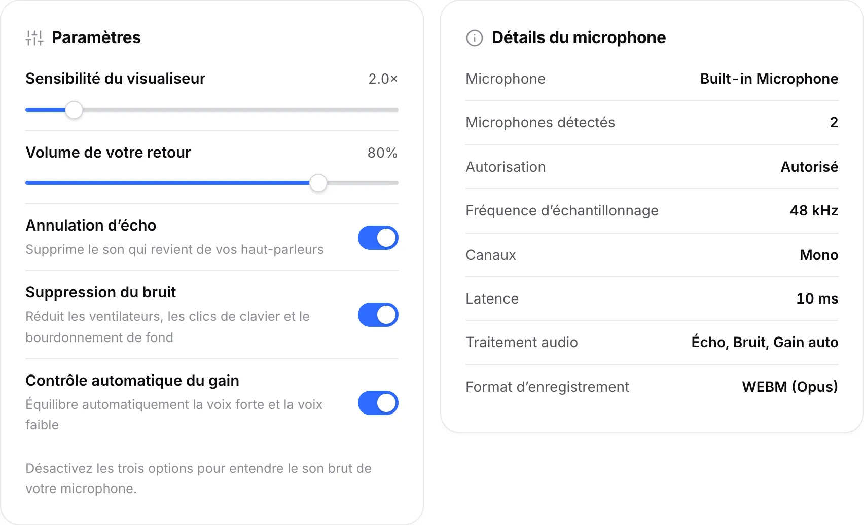 Le panneau Paramètres avec les interrupteurs de traitement audio, à côté du panneau Détails du microphone