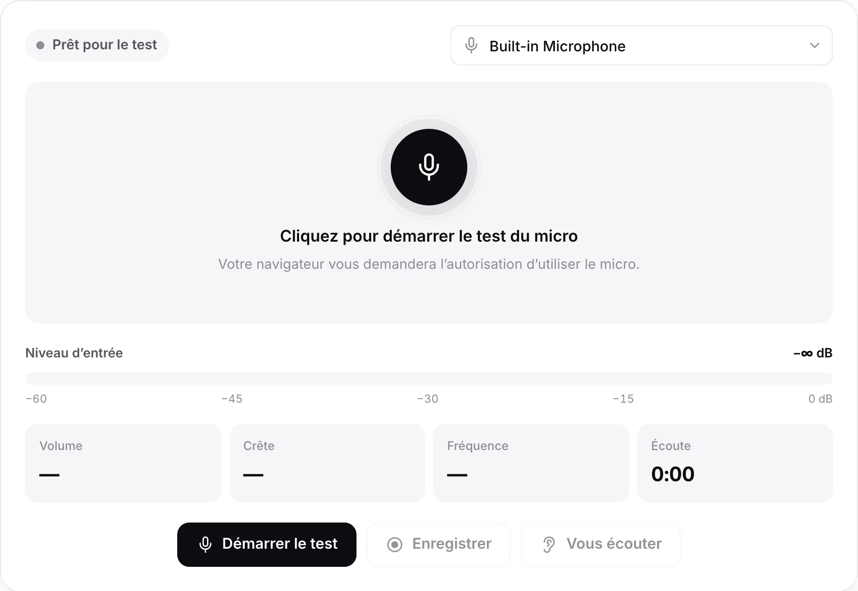 Le test du microphone avant son démarrage, avec le bouton Démarrer le test et le menu des microphones