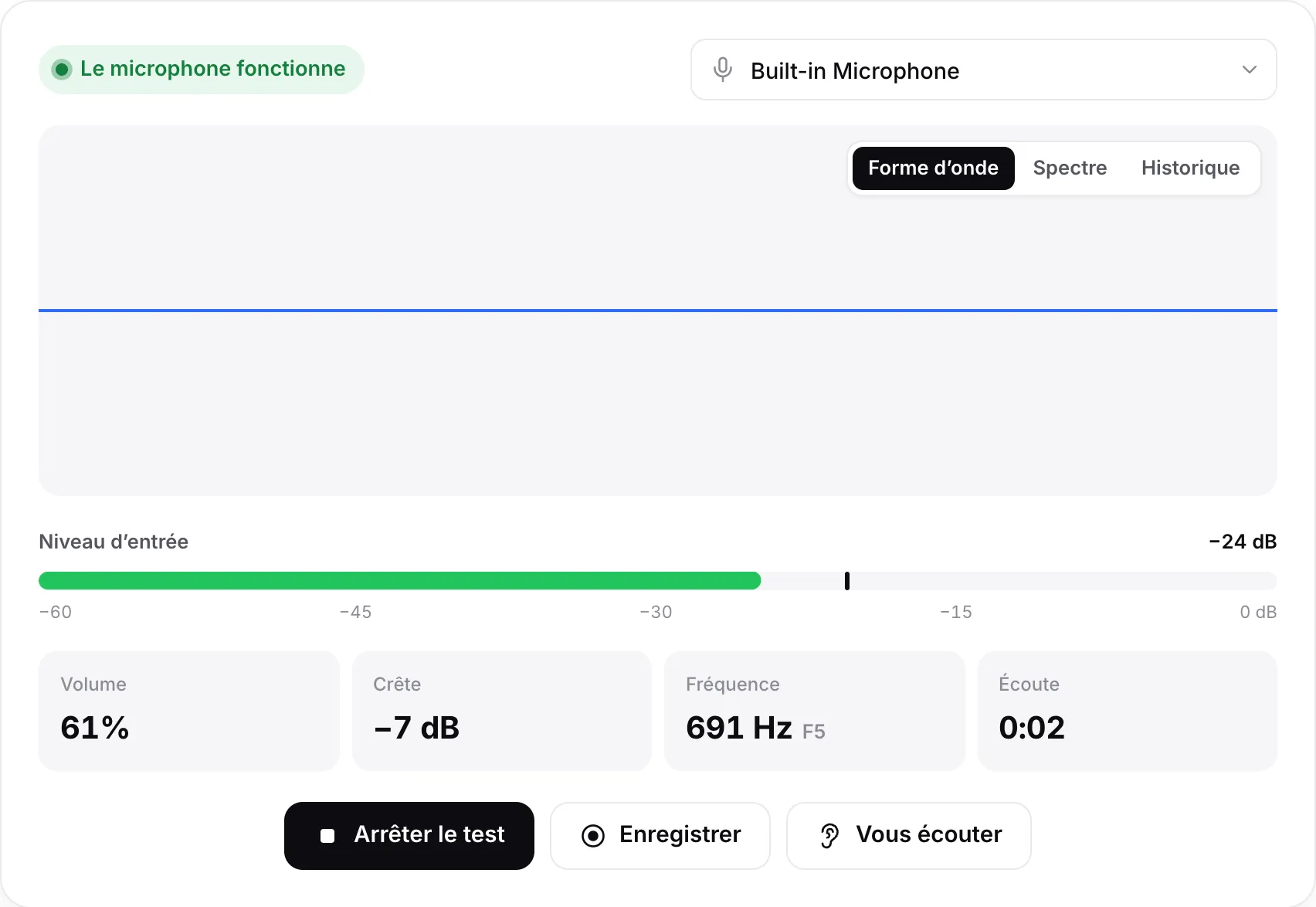 Un microphone qui fonctionne : forme d’onde en mouvement, niveau d’entrée d’environ −26 dB et état vert « Le microphone fonctionne »