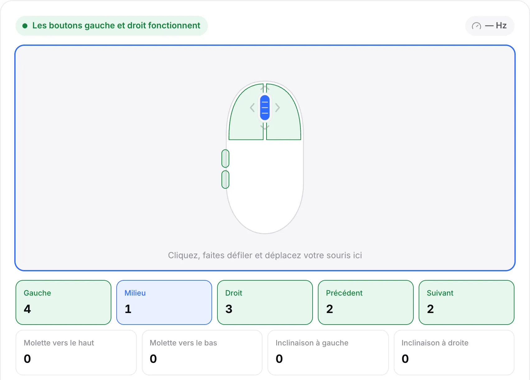 Le schéma de la souris avec les boutons gauche, droit et latéraux en vert, le bouton du milieu maintenu en bleu et un compteur de clics pour chaque bouton