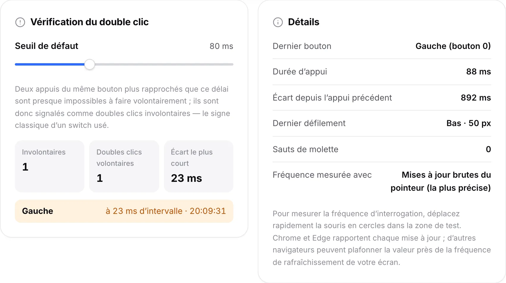 Le panneau Vérification du double clic listant un double clic involontaire sur le bouton gauche et un double clic volontaire, à côté du panneau Détails