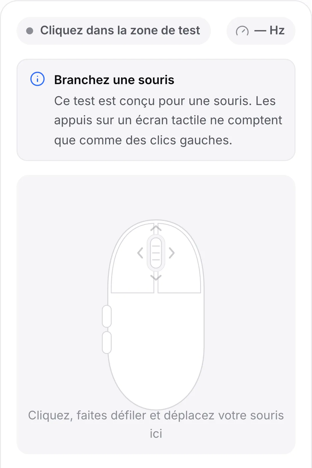 Le test de la souris sur un téléphone avec l’avis « Branchez une souris »
