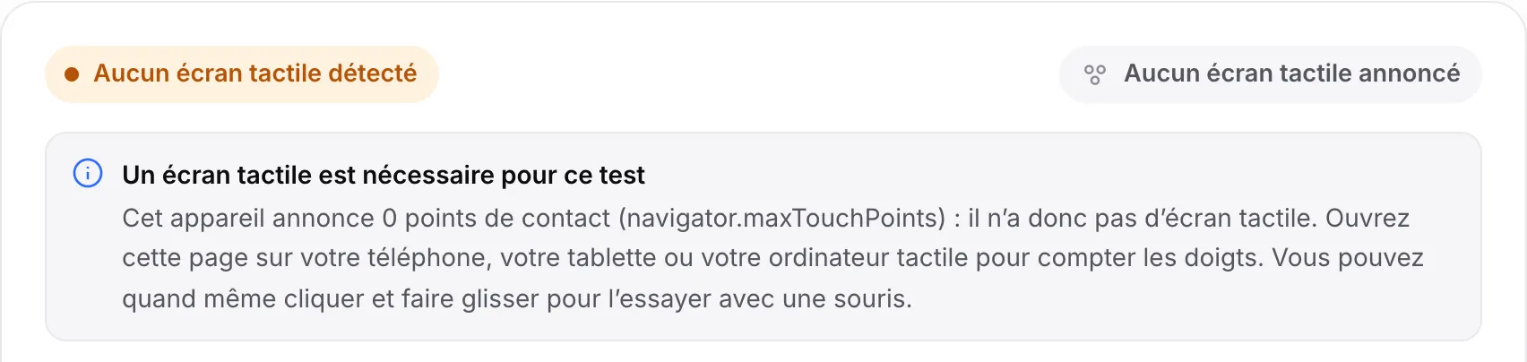 Le test multi-touch sur un ordinateur : l’état orange « Aucun écran tactile détecté » et l’avis « Un écran tactile est nécessaire pour ce test »