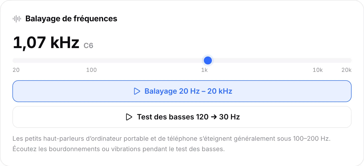 Le balayage de fréquences jouant à 1,06 kHz (note do6), avec son repère juste après 1k sur l’échelle