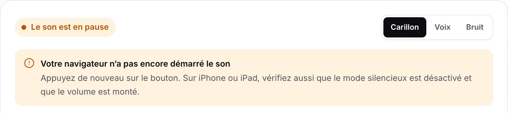 Le test du son affichant l’état orange « Le son est en pause » et l’avis « Votre navigateur n’a pas encore démarré le son »