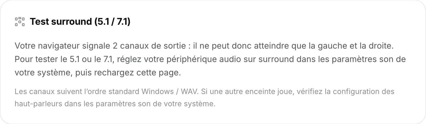 Le test surround expliquant que le navigateur signale 2 canaux de sortie et ne peut donc atteindre que la gauche et la droite