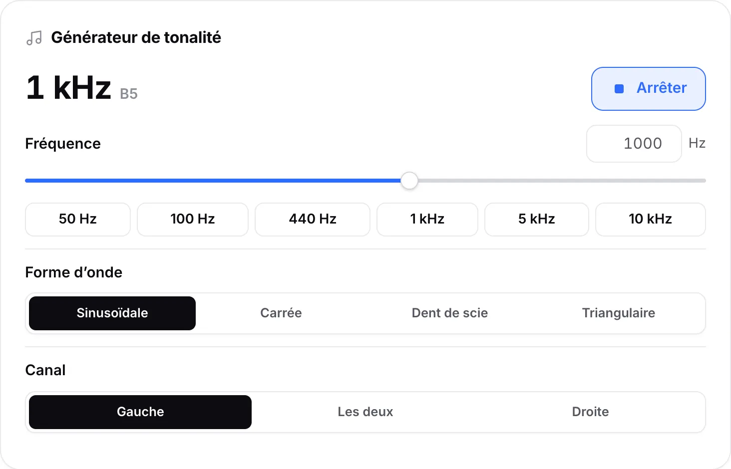 Le générateur de tonalité jouant une onde sinusoïdale de 1 kHz sur le canal gauche, avec le bouton Arrêter affiché